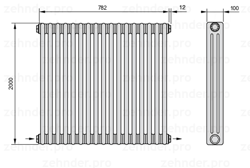 Схема (чертеж) Радиатор Zehnder Charleston 3200/17 №2670 Белый глянцевый RAL 9016